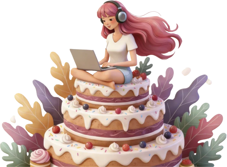 illustration of me sitting on a cake with laptop