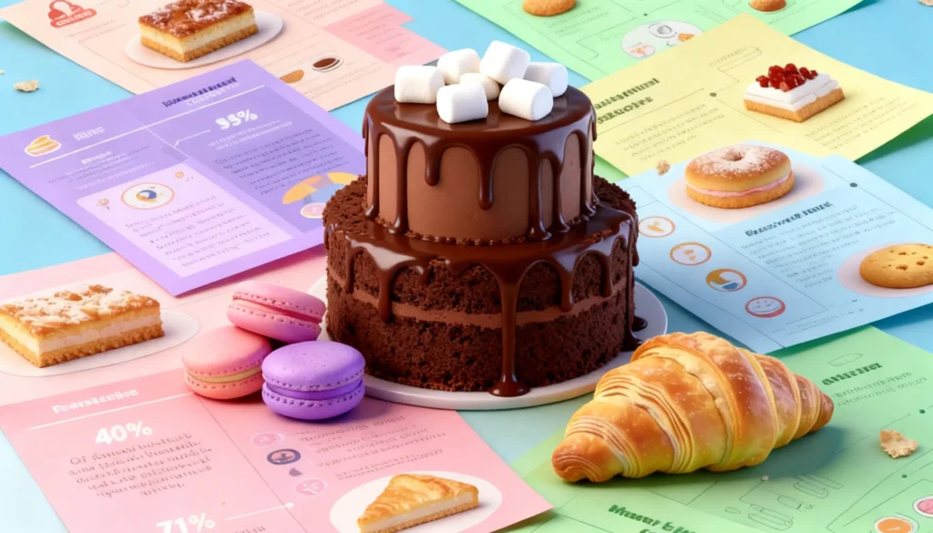A sweet pastry resembling a chocolate cake against a background of graphic design elements