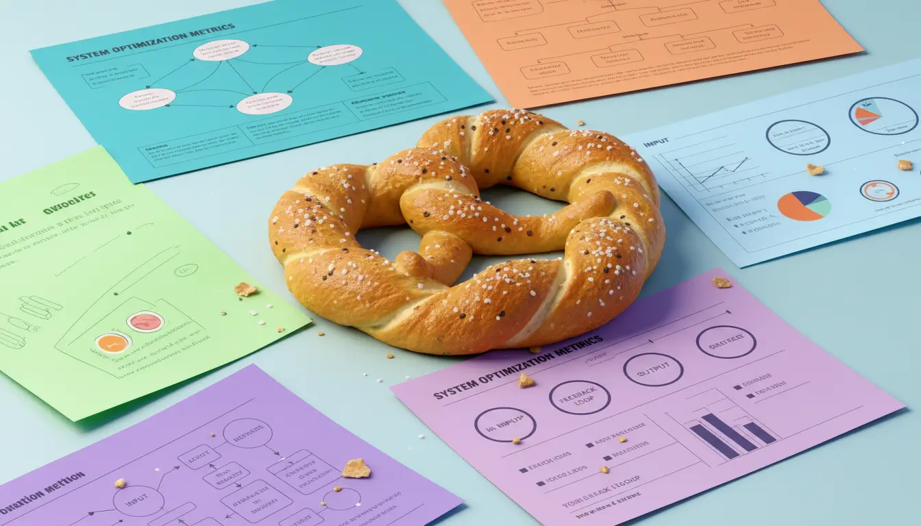 A pretzel-like savory pastry against a background of system design elements