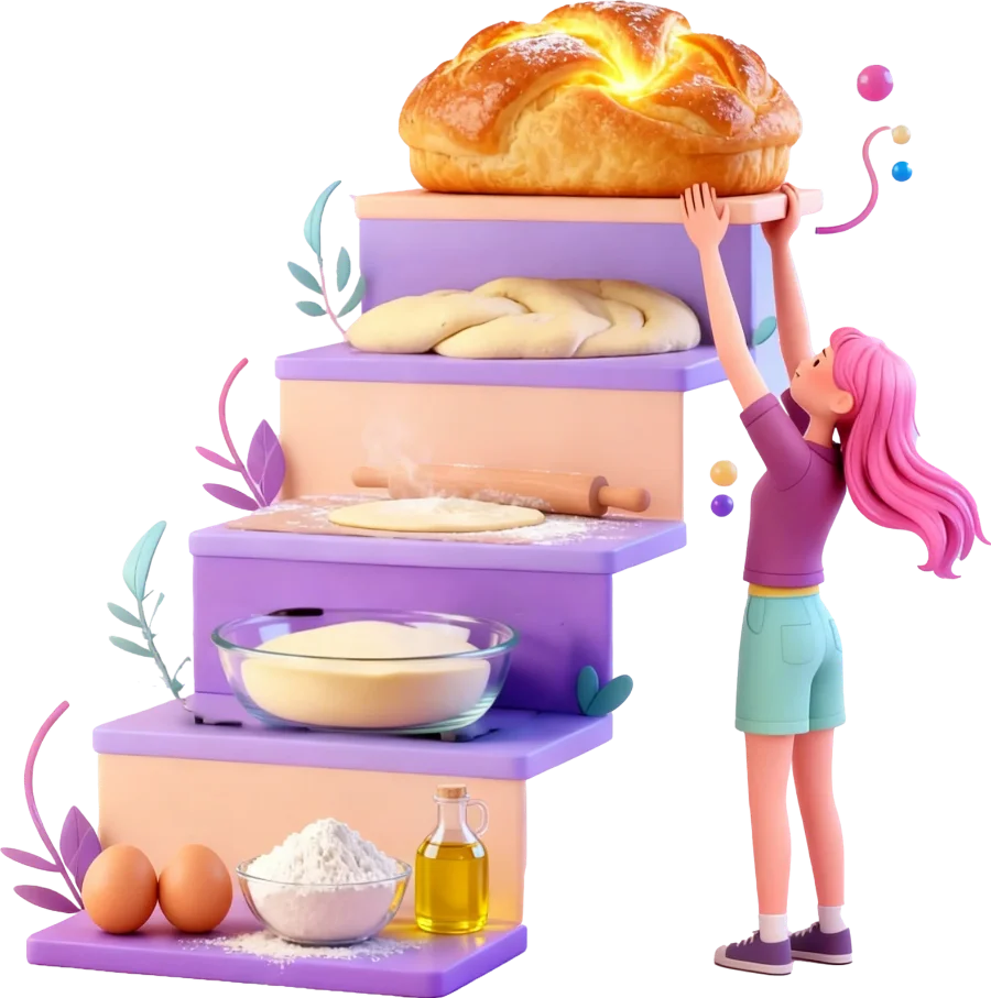 איור קליי של נערה מניחה חלה על מדרגות של מצרכי אפייה